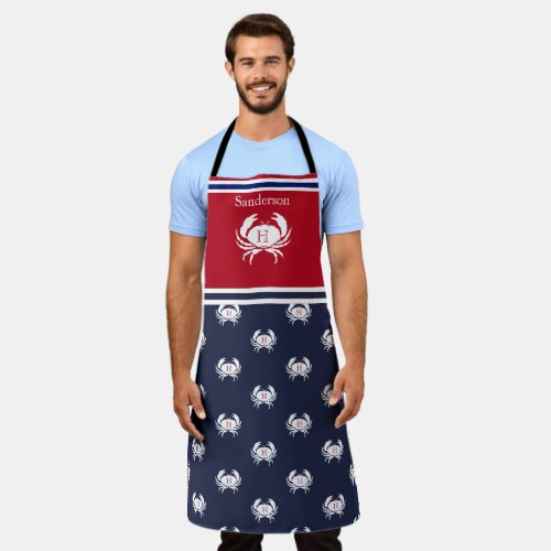 Monogrammed Red White Navy Blue Crab Nautical Apro Apron
