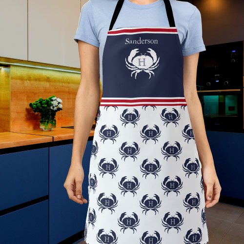 Monogrammed Red White Navy Blue Crab Nautical  Apron