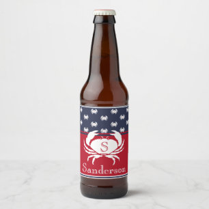Monogrammed Red White Navy Blue Crab Nautical Beer Bottle Label