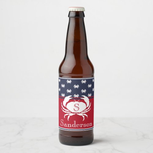 Monogrammed Red White Navy Blue Crab Nautical Beer Bottle Label