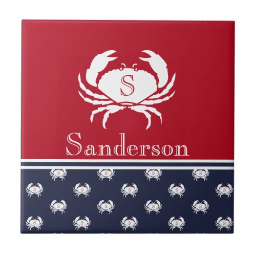 Monogrammed Red White Navy Blue Crab Nautical   Ceramic Tile