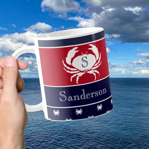 Monogrammed Red White Navy Blue Crab Nautical  Coffee Mug
