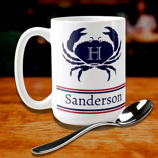 Monogrammed Red White Navy Blue Crab Nautical Coffee Mug (Creator Uploaded)