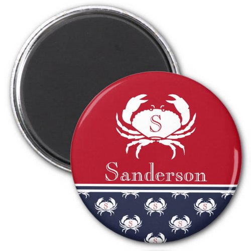 Monogrammed Red White Navy Blue Crab Nautical   Magnet