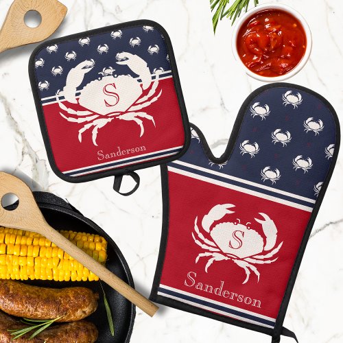 Monogrammed Red White Navy Blue Crab Nautical Oven Mitt  Pot Holder Set