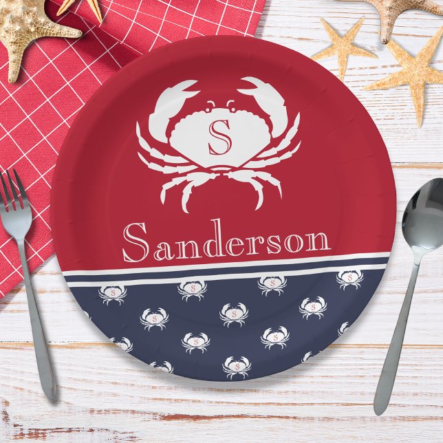 Monogrammed Red White Navy Blue Crab Nautical Paper Plates (Creator Uploaded)