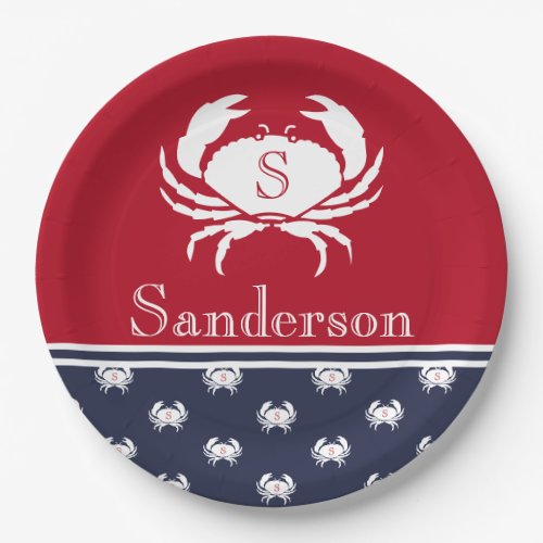 Monogrammed Red White Navy Blue Crab Nautical Paper Plates