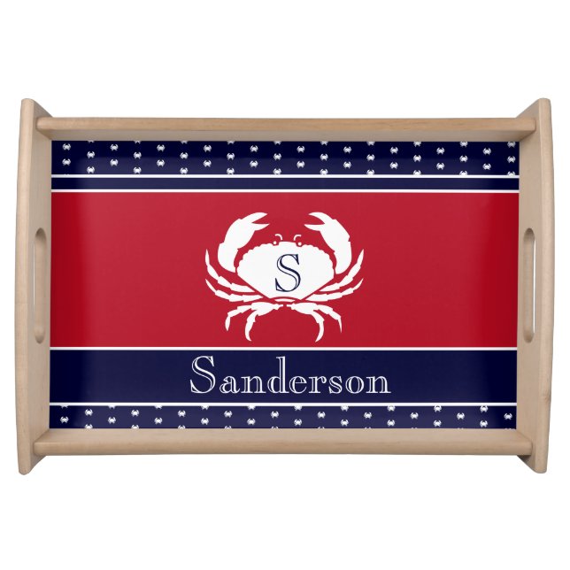 Monogrammed Red White Navy Blue Crab Nautical   Serving Tray (Front)