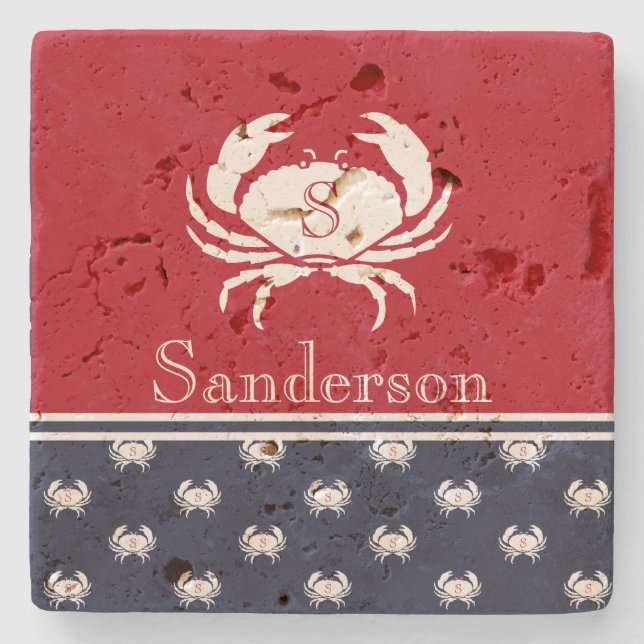 Monogrammed Red White Navy Blue Crab Nautical  Squ Stone Coaster (Front)
