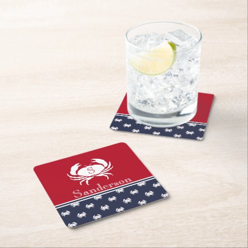 Monogrammed Red White Navy Blue Crab Nautical  Square Paper Coaster