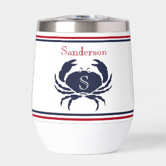 Monogrammed Red White Navy Blue Crab Nautical  Thermal Wine Tumbler
