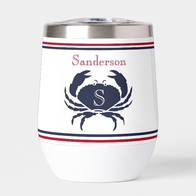 Monogrammed Red White Navy Blue Crab Nautical  Thermal Wine Tumbler (Front)