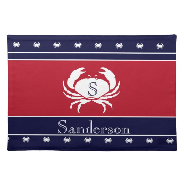 Monogrammed Red White Navy BlueCrab Nautical  Cloth Placemat (Front)