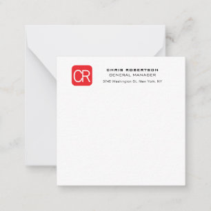 Monogrammed Red White Professional Plain Note Card