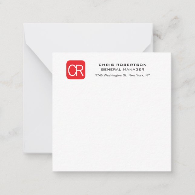 Monogrammed Red White Professional Plain Note Card (Front)