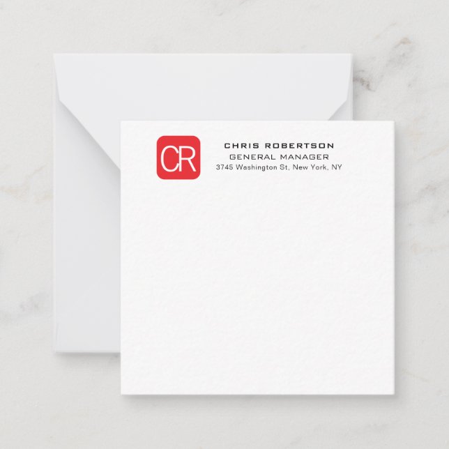 Monogrammed Red White Professional Plain Note Card (Front)