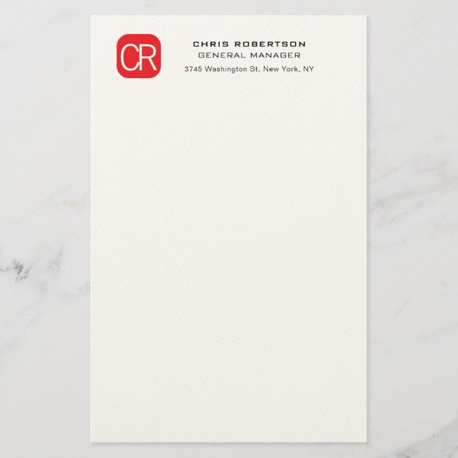Monogrammed Red White Professional Plain Stationery (Front)