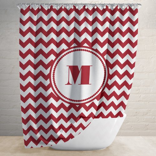 Monogrammed Red White Striped Chevron Pattern Shower Curtain