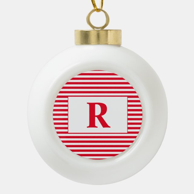 Monogrammed Red/White Stripes Ceramic Ball Christmas Ornament (Front)