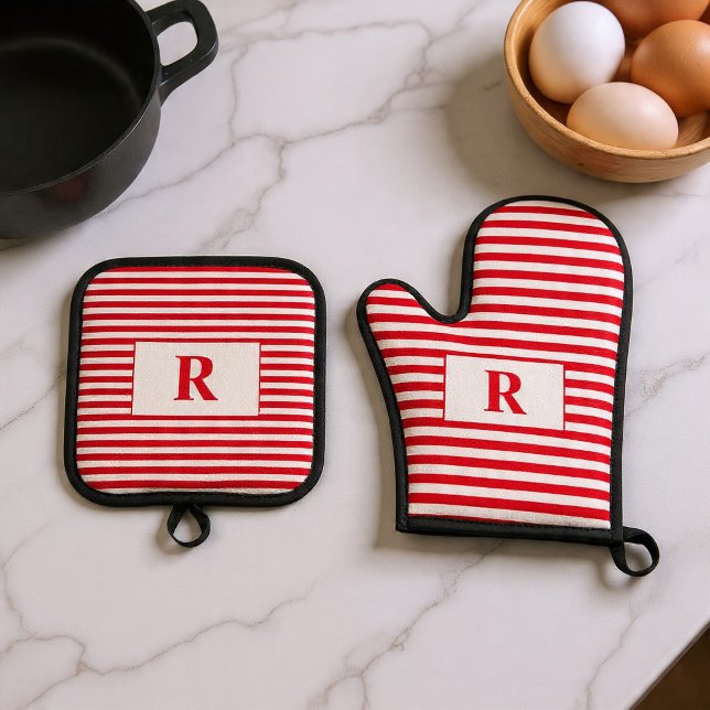 Monogrammed Red/White Stripes Oven Mitt & Pot Holder Set (Creator Uploaded)