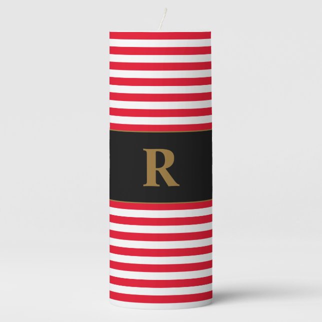 Monogrammed Red/White Stripes Pillar Candle (Front)