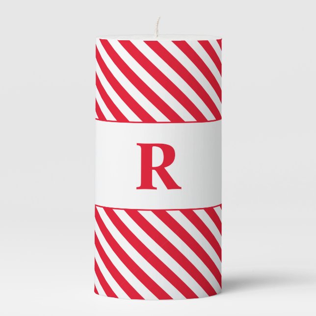 Monogrammed Red/White Stripes Pillar Candle (Front)