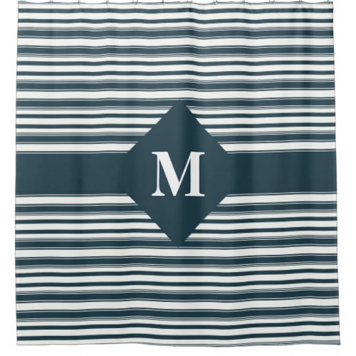 Monogrammed Reflecting Pond Blue Stripes Shower Curtain