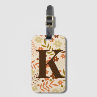 Monogrammed Retro 70s Brown Floral Flower Pattern Luggage Tag