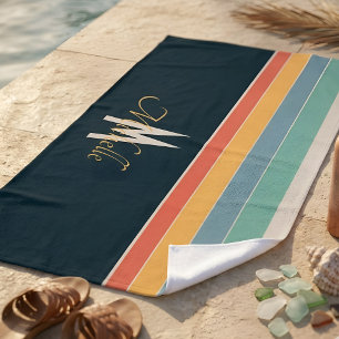 Monogrammed Retro 70s Navy Blue & Colorful Sripes Beach Towel