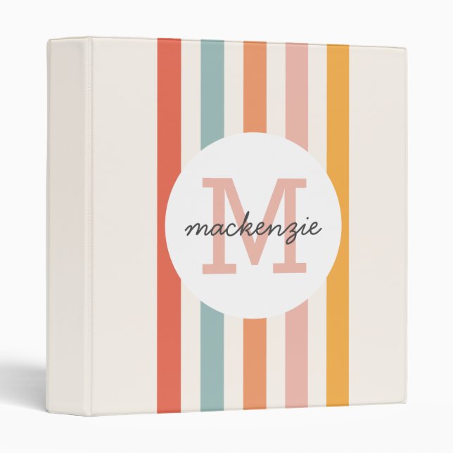 Monogrammed Retro Colorful Stripes Personalized 3 Ring Binder (Front/Spine)