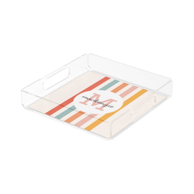Monogrammed Retro Colorful Stripes Personalized Acrylic Tray (Angled)