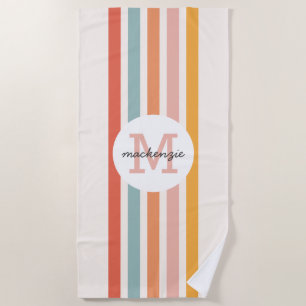 Monogrammed Retro Colorful Stripes Personalized Beach Towel