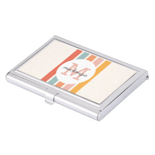 Monogrammed Retro Colorful Stripes Personalized Business Card Case