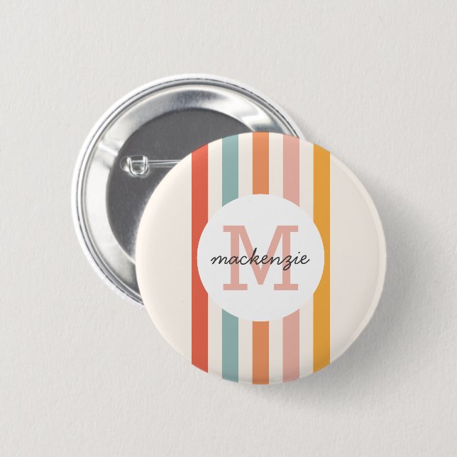 Monogrammed Retro Colorful Stripes Personalized Button (Front & Back)