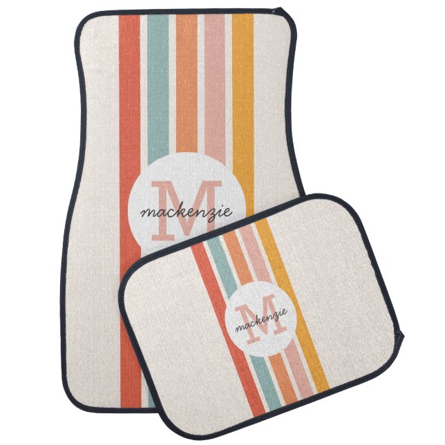 Monogrammed Retro Colorful Stripes Personalized Car Floor Mat (Set)