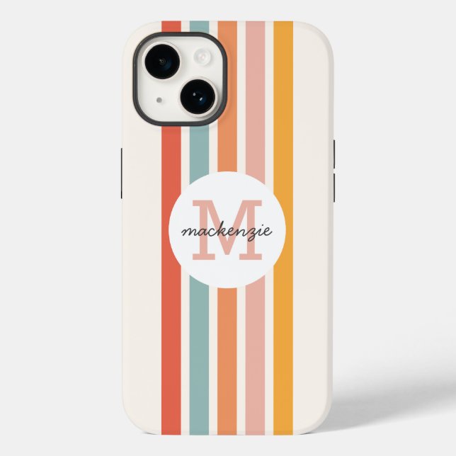 Monogrammed Retro Colorful Stripes Personalized Case-Mate iPhone Case (Back)