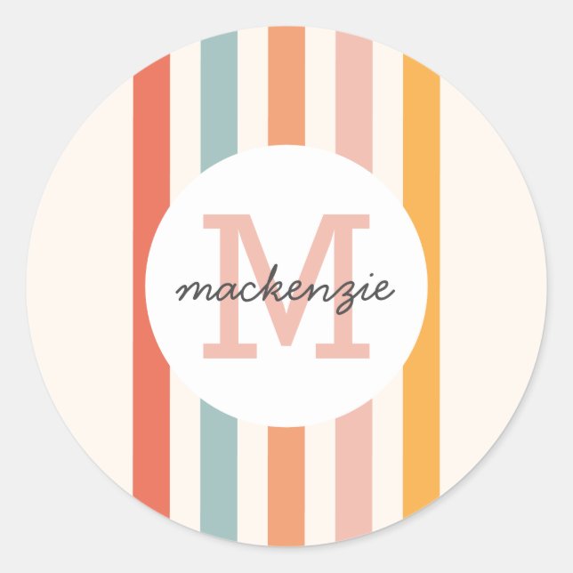 Monogrammed Retro Colorful Stripes Personalized Classic Round Sticker (Front)