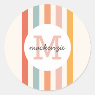 Monogrammed Retro Colorful Stripes Personalized Classic Round Sticker