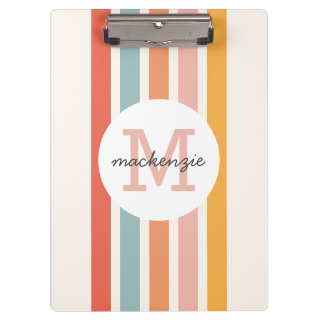 Monogrammed Retro Colorful Stripes Personalized Clipboard (Front)