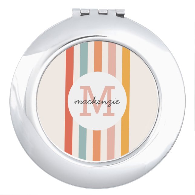 Monogrammed Retro Colorful Stripes Personalized Compact Mirror (Front)