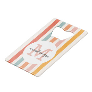 Monogrammed Retro Colorful Stripes Personalized Credit Card Bottle Opener