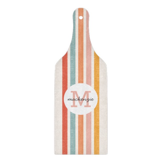Monogrammed Retro Colorful Stripes Personalized Cutting Board (Front)