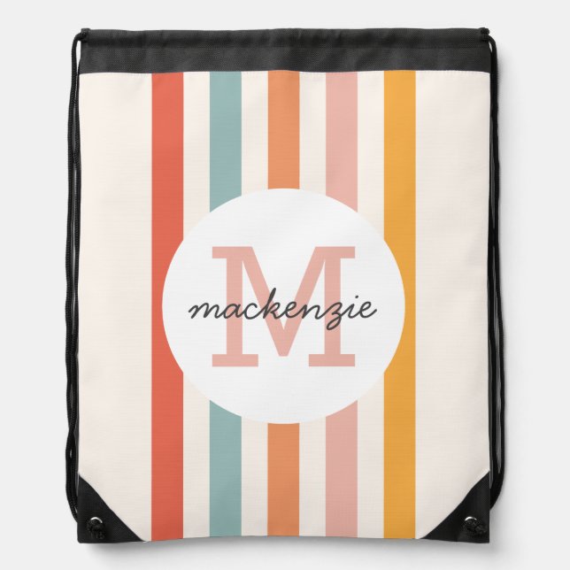 Monogrammed Retro Colorful Stripes Personalized Drawstring Bag (Front)