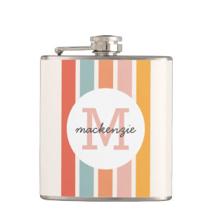 Monogrammed Retro Colorful Stripes Personalized Flask