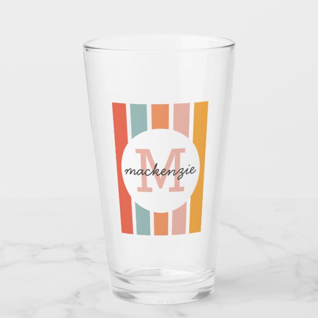 Monogrammed Retro Colorful Stripes Personalized Glass (Front)