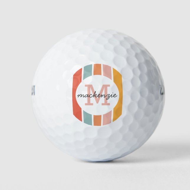 Monogrammed Retro Colorful Stripes Personalized Golf Balls (Front)