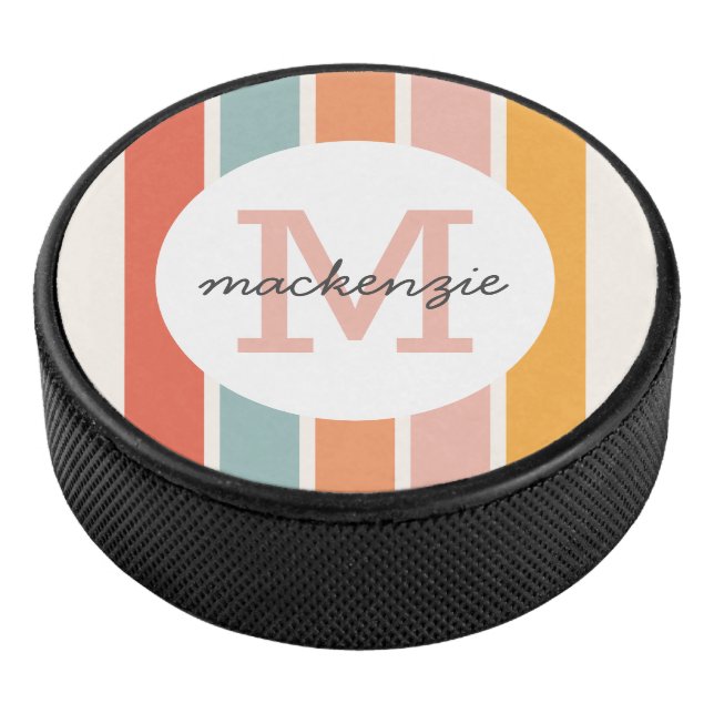 Monogrammed Retro Colorful Stripes Personalized Hockey Puck (3/4)