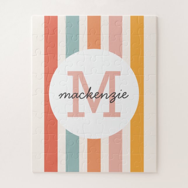 Monogrammed Retro Colorful Stripes Personalized Jigsaw Puzzle (Vertical)