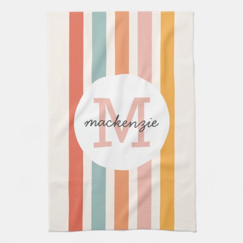 Monogrammed Retro Colorful Stripes Personalized Kitchen Towel