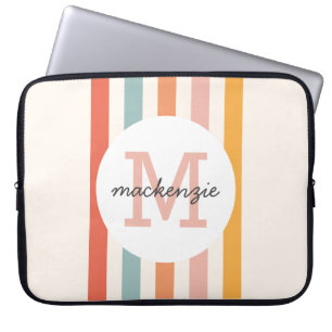 Monogrammed Retro Colorful Stripes Personalized Laptop Sleeve